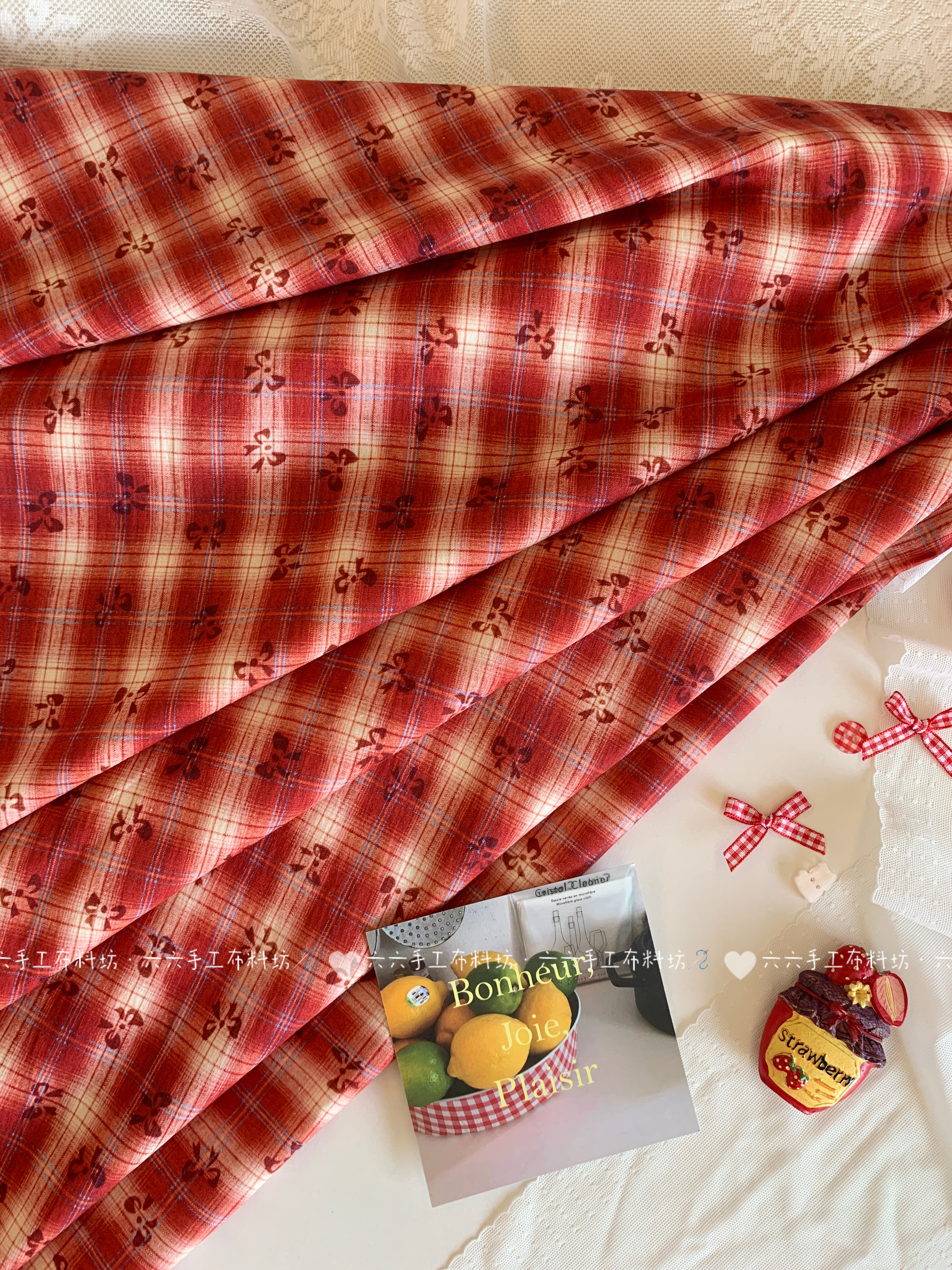 全棉40支印花布ins复古红格子蝴蝶结布家居服发饰童装布diy布料