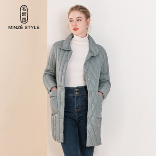名师路名师路羽绒服女中长款冬季新款薄白鸭绒直筒立领口袋