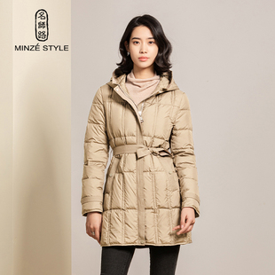 名师路羽绒服女中长款新款白鸭绒连帽长袖直筒时尚通勤简约
