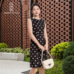 名師路黑白圓點連衣裙女夏季 無袖 圓領裙子修身 中腰氣質 2024新款