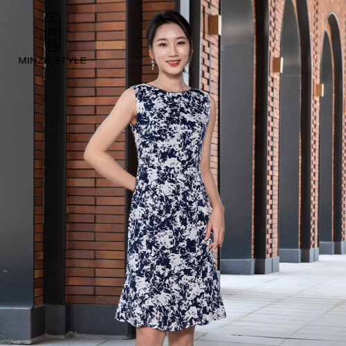 名师路雪纺连衣裙2024新款女夏高腰圆领小鱼尾下摆气质穿搭修身