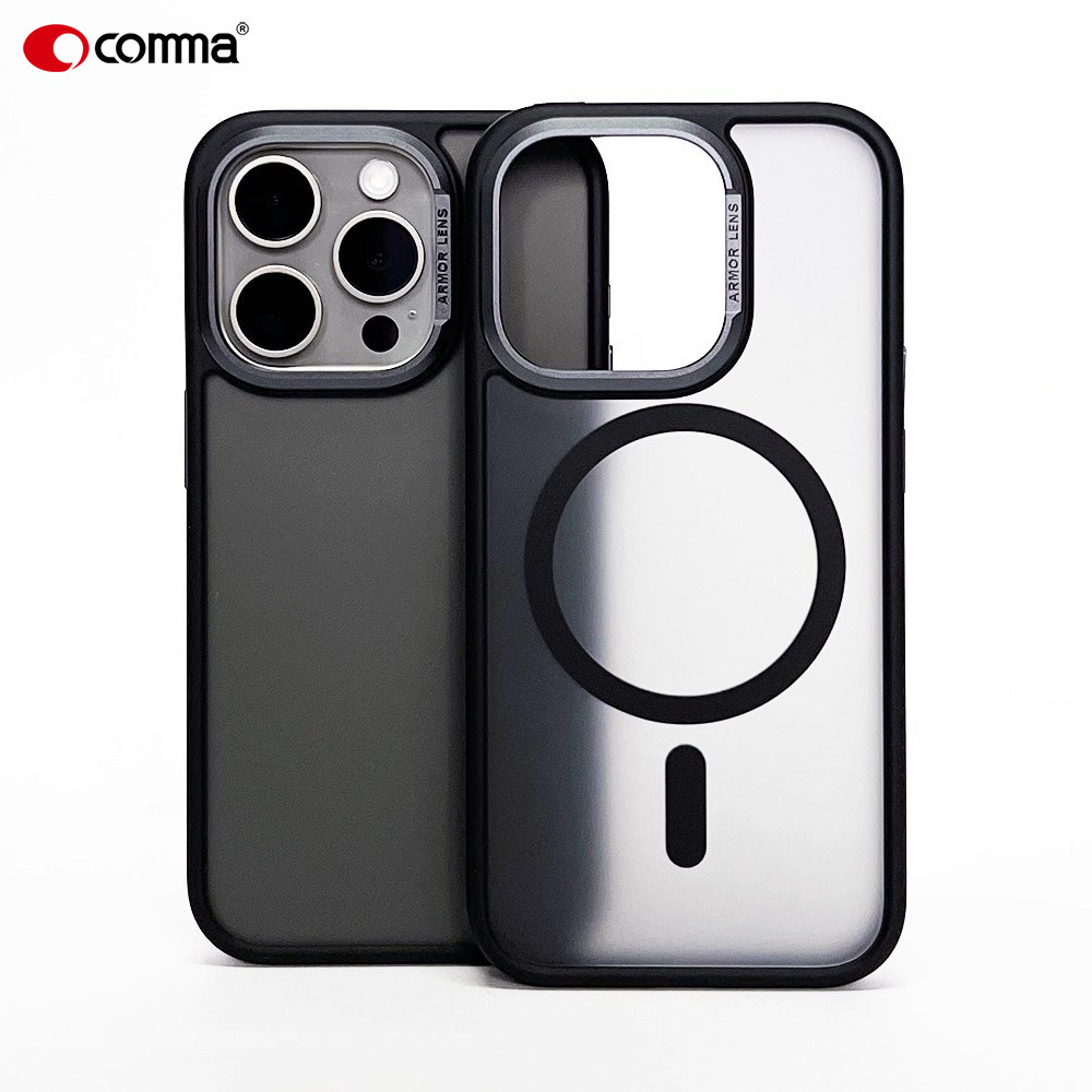 Comma适用于苹果15promax撞色防摔壳15pro软边磁吸保护套15plus磨砂透黑壳金属镜头