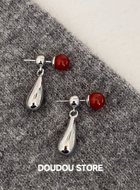 DOUDOUSTORE 925银针新年限定红玛瑙红色水滴耳环女简约百搭耳坠