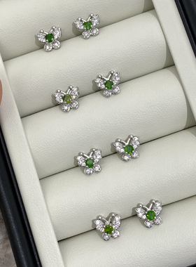 DOUDOU STORE 925银针新中式绿色天然石蝴蝶耳钉气质百搭简约小巧