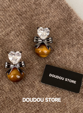 DOUDOUSTORE925银针老钱风天然虎眼石黑色蝴蝶结耳环女耳钉设计感