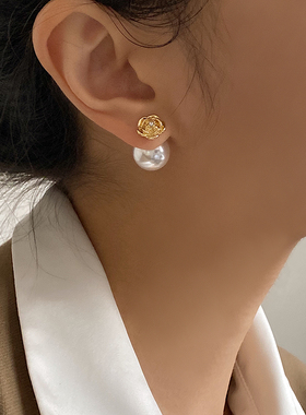DOUDOUSTORE白雾花园925银针法式复古山茶花朵珍珠耳钉耳环耳饰