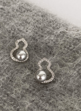 DOUDOUSTORE 925银针新中式国风清冷灰色珍珠葫芦耳环气质高级感