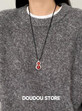 天然红玛瑙葫芦黑皮绳毛衣链女