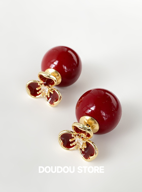 DOUDOUSTORE 925银针可两戴的耳环红色新年高级花朵前后耳饰女ins