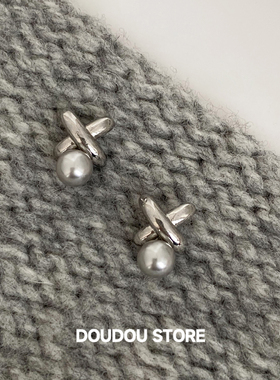 DOUDOUSTORE925银针几何交叉x型清冷灰色珍珠耳钉女几何线条耳环