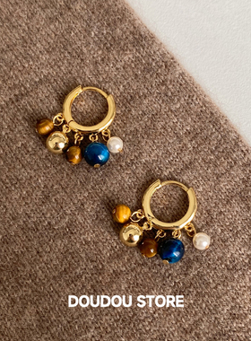 DOUDOUSTORE新中式撞色串珠天然石耳圈耳环秋冬女复古耳扣国风
