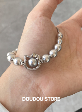KT猫灰珍珠可调手链女款
