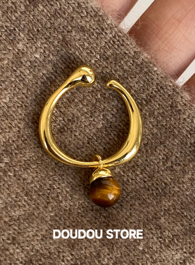 DOUDOUSTORE保色秋冬天然虎眼石戒指女开口可调节金色金属简约ins