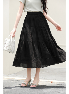 优衣美设计感拼接褶皱半身裙女夏高腰显瘦a字裙31342