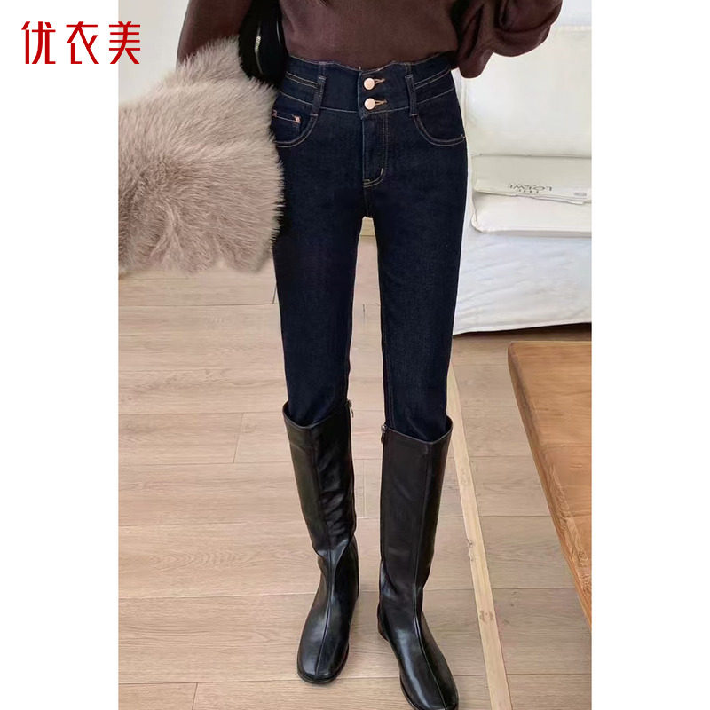 优衣美冬中古风棉弹牛仔布修身微弹紧身裤女亲肤透气26165
