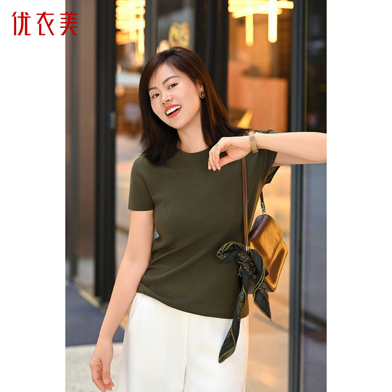 优衣美简约宽松套头圆领短袖针织衫女绵羊毛亲肤透气14995