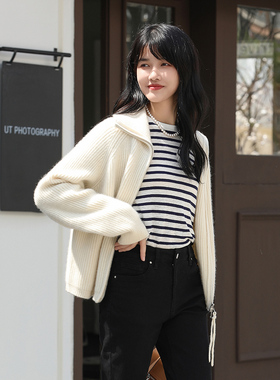 优衣美时髦微宽松女式新款休闲慵懒风翻领拉链针织衫15813