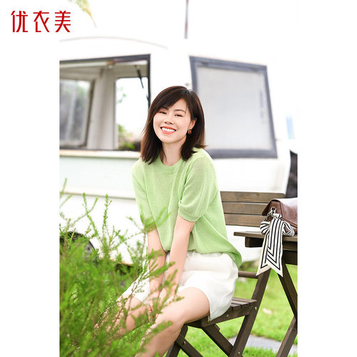 优衣美夏季新款女短袖棉质印花套头衫宽松休闲薄款上衣14971