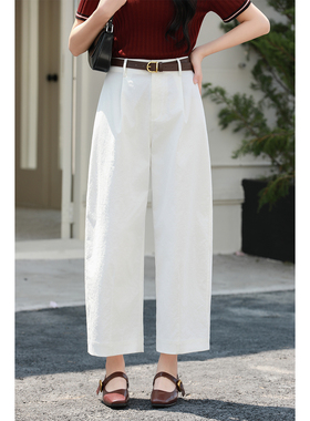 优衣美垂顺休闲裤女夏薄款高腰直筒显瘦宽松透气休闲裤23795