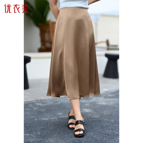 优衣美女百搭松紧后腰时尚遮肉显瘦A字中长半身裙31305