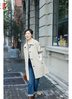 优衣美英伦风H廓形韩版宽松翻领落肩袖中长款气质风衣19743