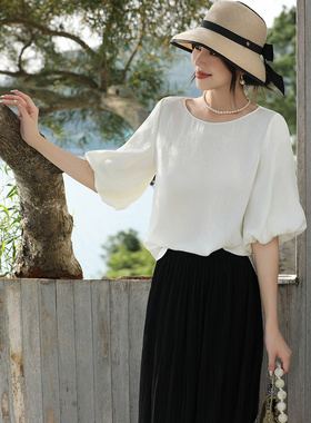 优衣美透气女款夏季新款桑蚕丝花苞袖亲肤舒适柔软T恤11293