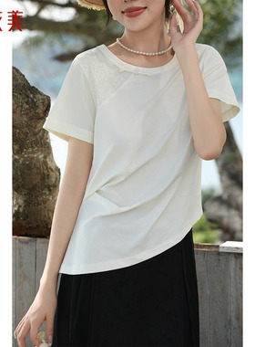 优衣美夏季新款精致圆领时尚潮流时髦盘扣复古短袖T恤11292