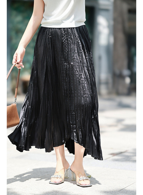 优衣美光泽感垂顺压褶半身裙女夏高腰显瘦a字裙新款31334