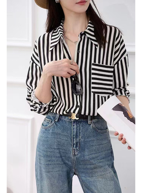 优衣美女款时尚百搭透气垂顺修身减龄亚麻条纹翻领衬衣13243