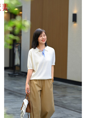 优衣美polo翻领针织衫短袖春夏新款法式时髦通勤14315