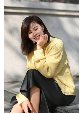 优衣美修身显瘦经典百搭圆领宽松H版慵懒套头针织毛衣14878