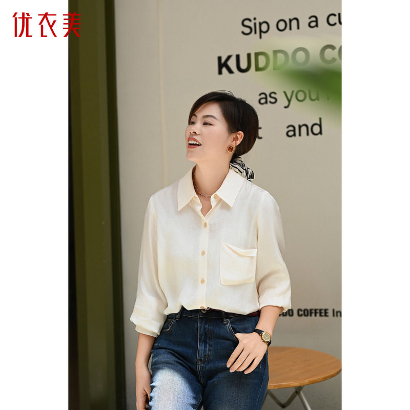 优衣美翻领经典时尚百搭透气垂坠醋酸褶皱气质女款衬衫13233