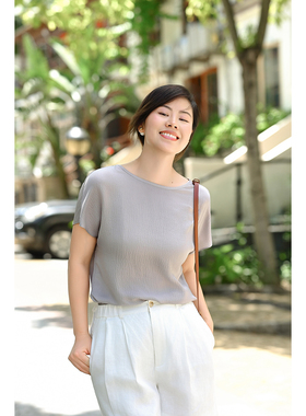 优衣美简约气质清凉上衣女夏宽松显瘦雪纺衫短袖打底衫11319