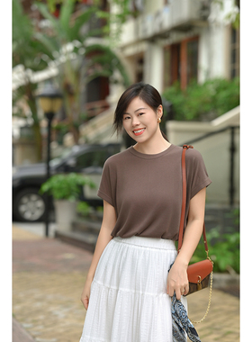 优衣美夏莱赛尔短袖T恤女修身圆领薄款透气上衣14972