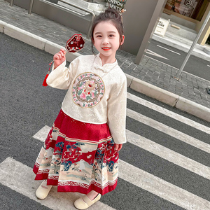 汉服女童春秋玉兔马面裙套装儿童古风宝宝2024新款春季唐装公主裙