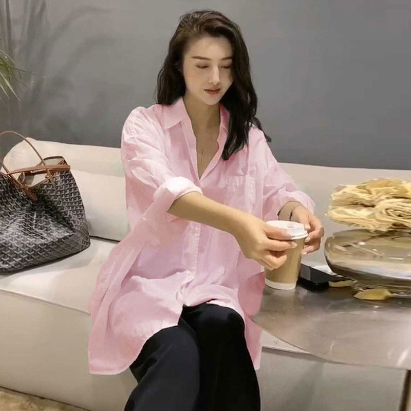 2025春夏韩版时尚百搭宽松慵懒风白衬衫女新款设计感小众粉色衬衣