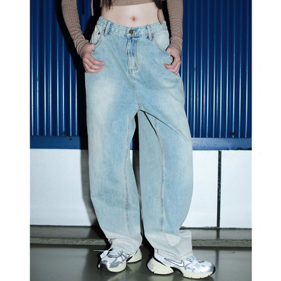2024新款夏季薄款浅蓝复古牛仔裤白色大码街舞裤子女嘻哈宽松直筒