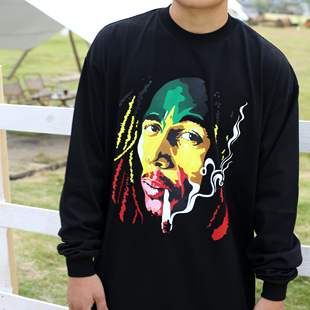 StreetBreakerz黑白长袖T恤Bob Marley印花美式小领口oversize
