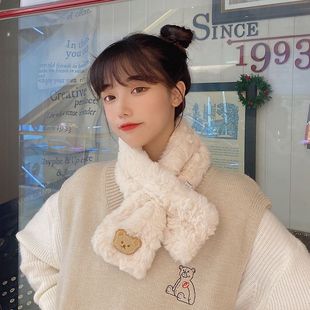 小熊围脖女冬季 仿獭兔毛围巾毛绒绒保暖加厚可爱学生百搭防风脖套