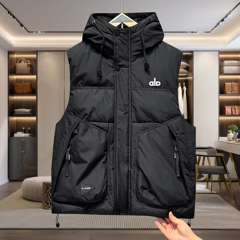 冬季新款白鸭绒马甲男坎肩工装马夹连帽加厚保暖背心宽松休闲外套