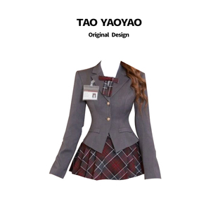 韓系學院風jk制服收腰西服外套女秋冬新款 裙套裝 高腰格紋百褶裙褲