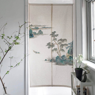 日式中式门帘亚麻布艺厨房浴室定制伸缩杆青绿山水免打孔穿杆短帘