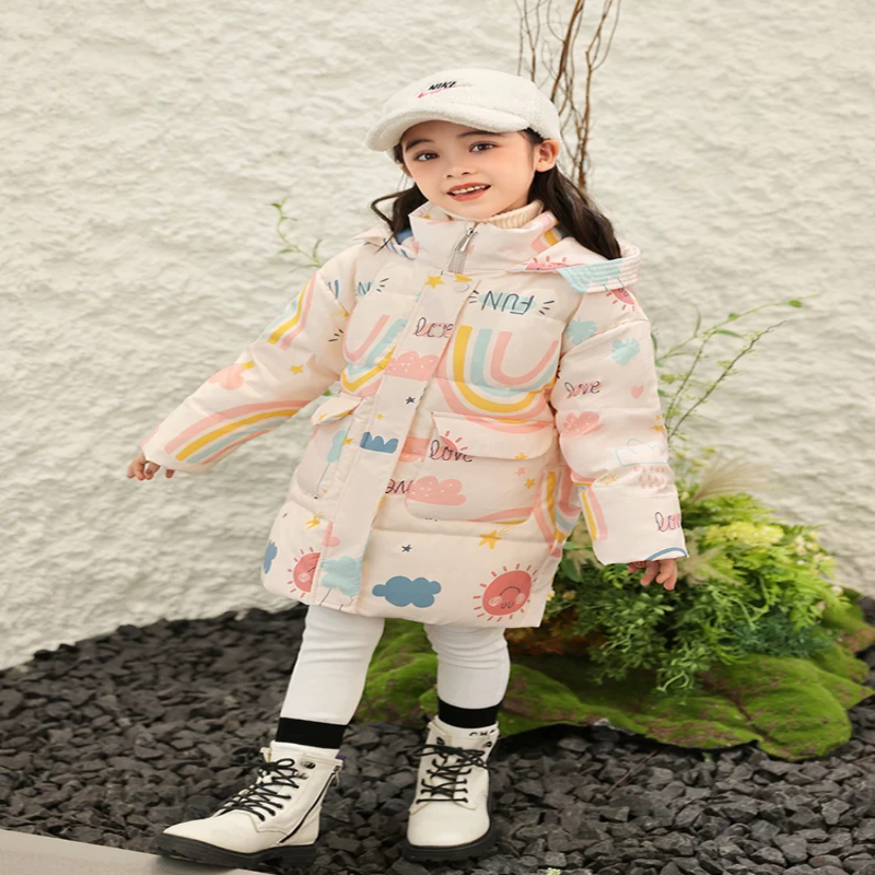 冬季儿童羽绒服女童中长款白鸭绒连帽小女孩中小童洋气外套3-8岁