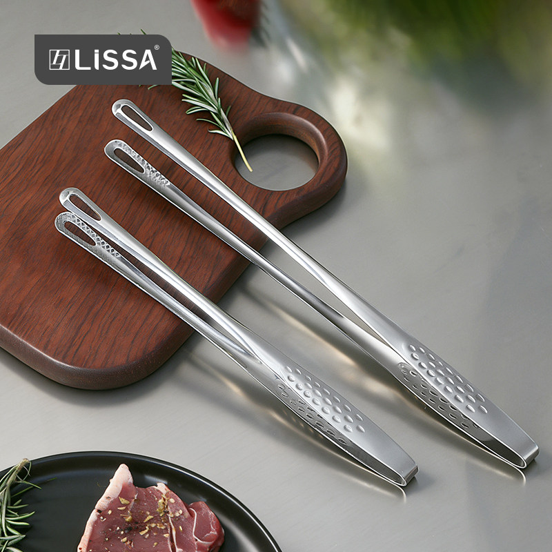 LISSA304不锈钢烤肉夹子厨房煎牛排烧烤专用食品夹防滑油炸食物夹