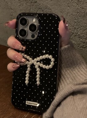 利利酱 甜酷亮面黑色泼墨波点自带立体珍珠蝴蝶结xr大孔xs苹果11手机壳ins日韩12高级13质感14防摔15promax新