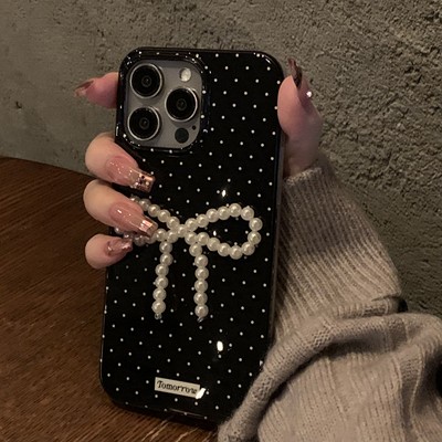 利利酱 甜酷亮面黑色泼墨波点自带立体珍珠蝴蝶结xr大孔xs苹果11手机壳ins日韩12高级13质感14防摔15promax新