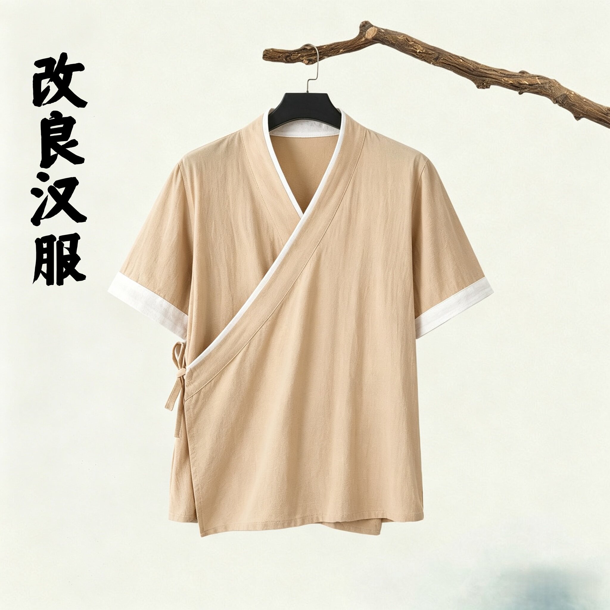 改良汉服男夏季斜襟短袖中式复古棉麻推拿中医艾灸馆工作服可定制
