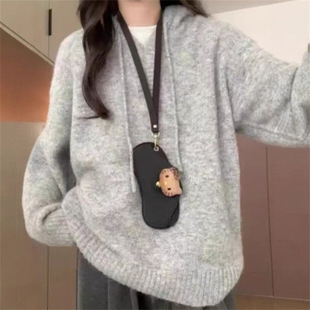卫衣针织衫 慵懒风软糯灰色连帽毛衣女宽松外穿秋冬新款 女气质