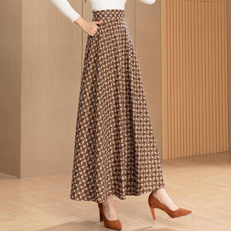 新款秋冬高腰咖色格子半身裙女2025中长裙子显瘦遮肚子大摆半长裙