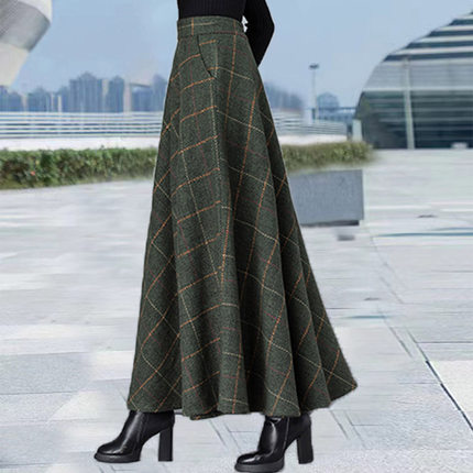 秋冬格子毛呢半身裙女2023新款百搭高腰A字伞裙加厚显瘦大码长裙